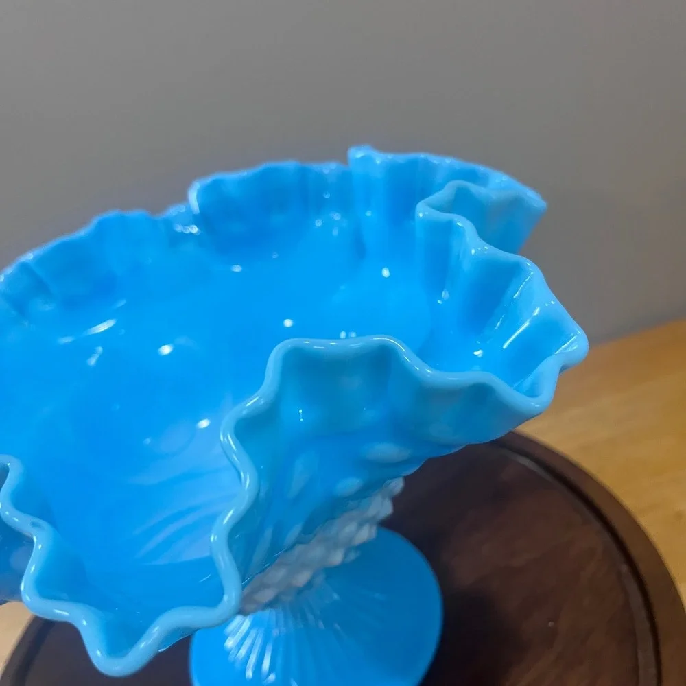 Vtg Fenton Blue Slag Hobnail Dbl Ruffled Pedestal Compote Bowl MCM Art Glass